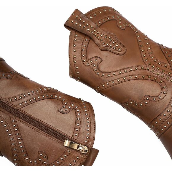 Women's Brown Leather Western Boots with Chunky Heel Stylish Sharp tip Boots - Picture 2 of 9